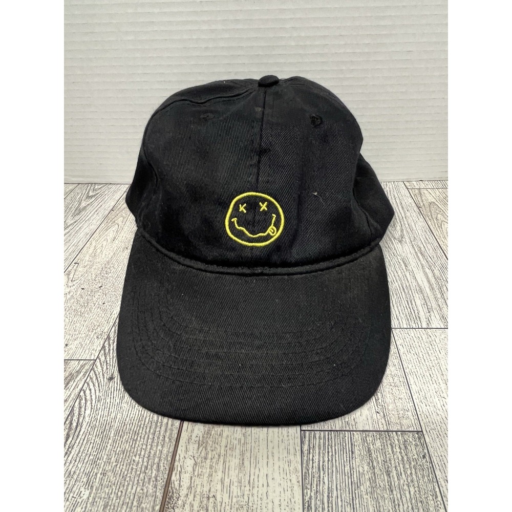 Nirvana Yellow Smiley Face Adjustable Hat Grunge‎ Band Black Retro Cap